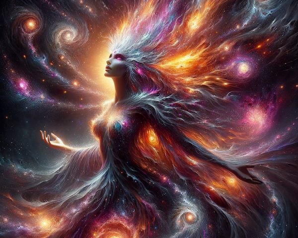 Mystical figure in cosmic gown against galaxy backdrop