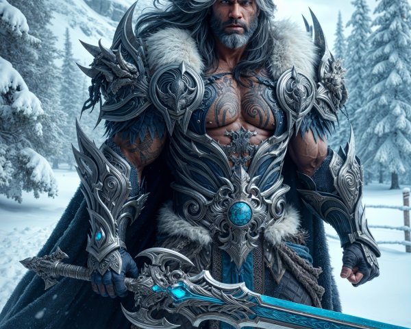 Warrior in Ornate Armor Against Snowy Landscape