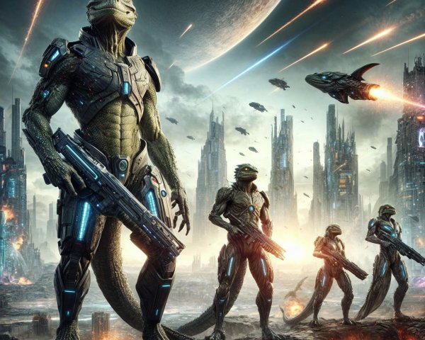 Reptilian Warriors in Futuristic Battle Landscape