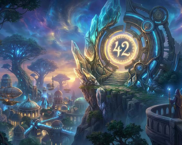 Elven City at Dusk with Celestial Gateway and Trees