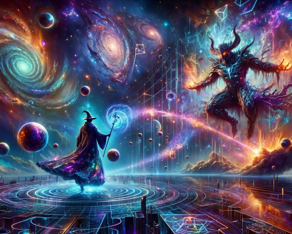 Cosmic Confrontation of Wizard and Horned Figure