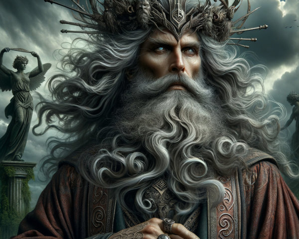 Majestic figure with silver hair in dramatic landscape