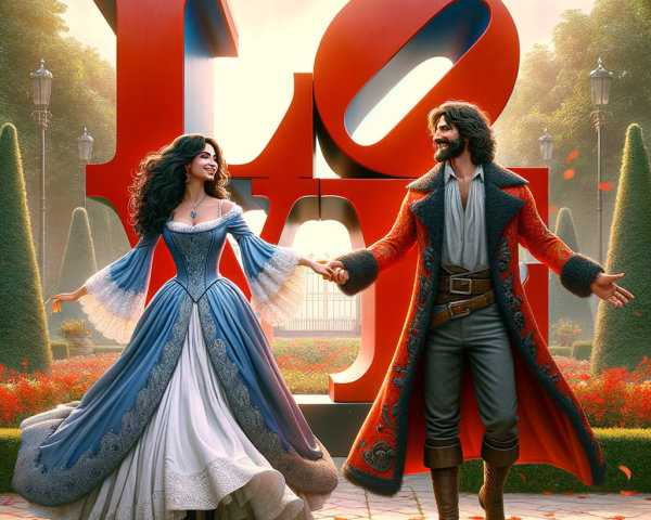 Couple in Historical Attire in a Romantic Garden Scene