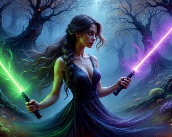 Young woman with lightsabers in mystical forest