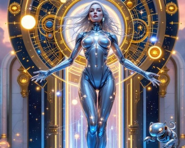 Futuristic Figure on Platform with Cosmic Elements