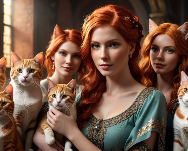 Elegant Room with Multiple Copies and Orange Tabby Cats