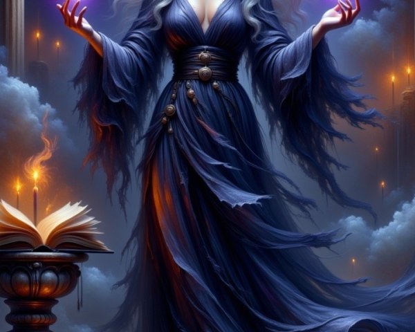 Mystical sorceress with violet magic and ancient book