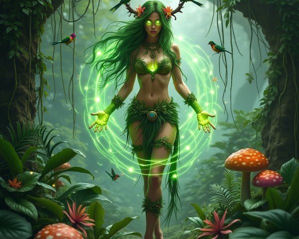 Vibrant Woman in Mystical Forest with Green Energy