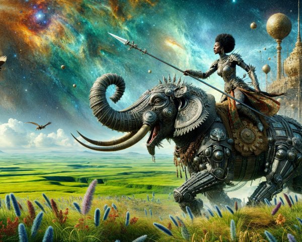 Cosmic Landscape with Armored Elephant and Rider