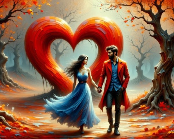 Romantic Couple in Mystical Autumn Forest Setting