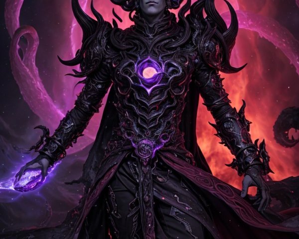 Cosmic Figure in Dark Armor with Energetic Aura