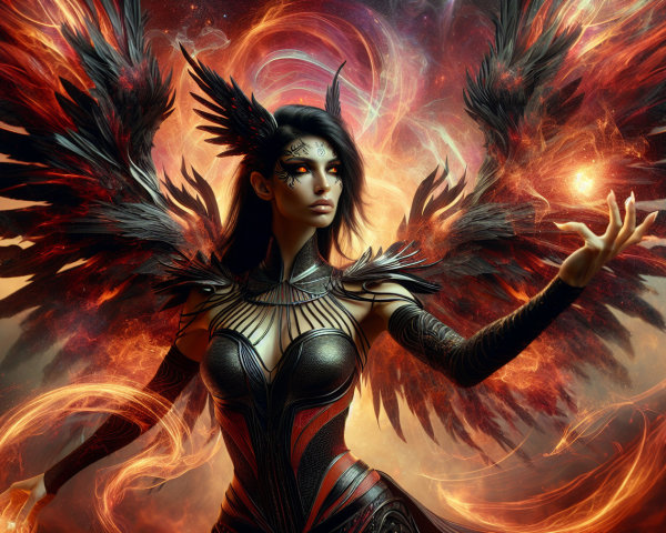 Celestial Warrior in Fiery Armor with Dark Wings