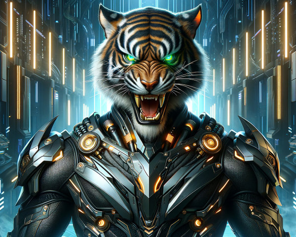 Armored Tiger Humanoid in Futuristic Setting