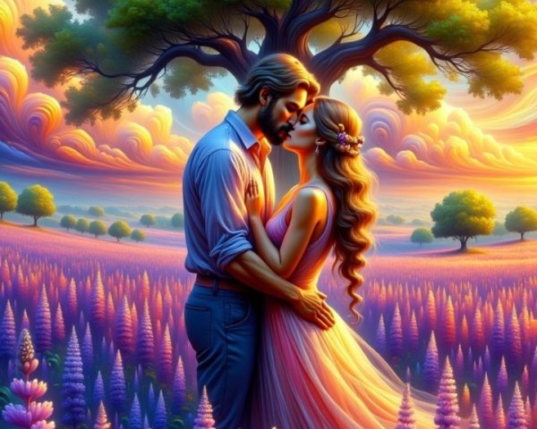 Romantic Embrace in a Colorful Lupine Field