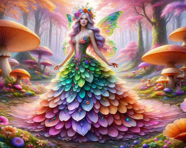 Fairy in Whimsical Forest Surrounded by Colorful Flora