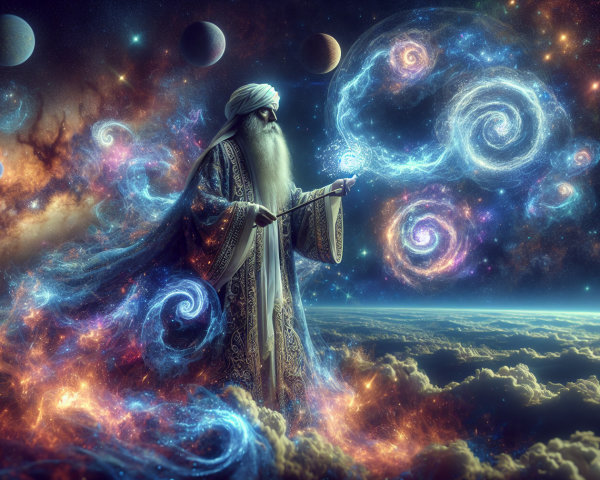 Mystical Figure in Cosmic Landscape with Galaxies