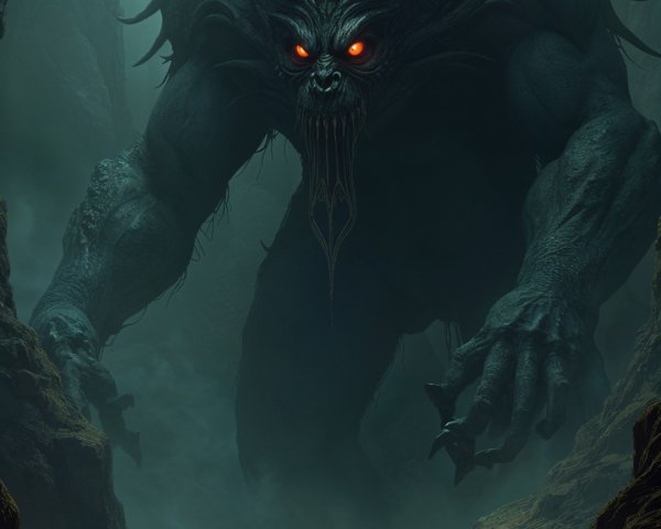 Colossal Demonic Creature in Dark Misty Cavern