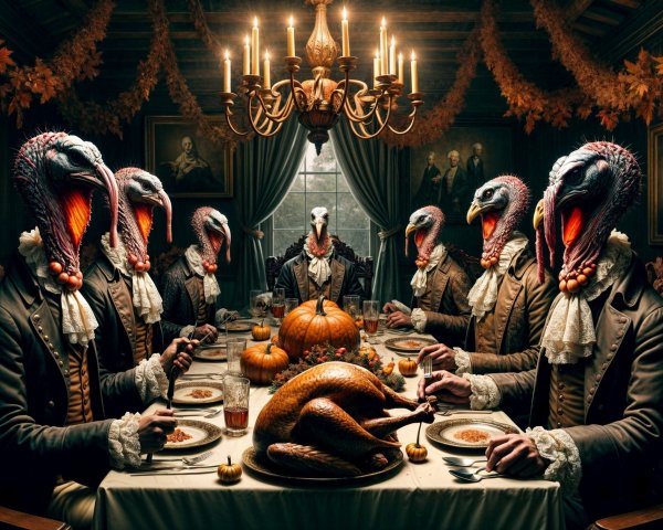 Surreal Dining Room with Turkey-Headed Figures