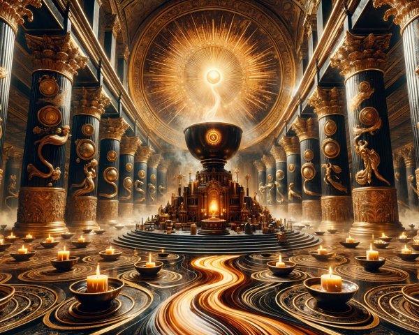 Ornate hall with golden accents and radiant chalice