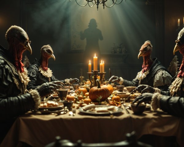 Anthropomorphic Turkeys in Victorian Attire at Dinner Table