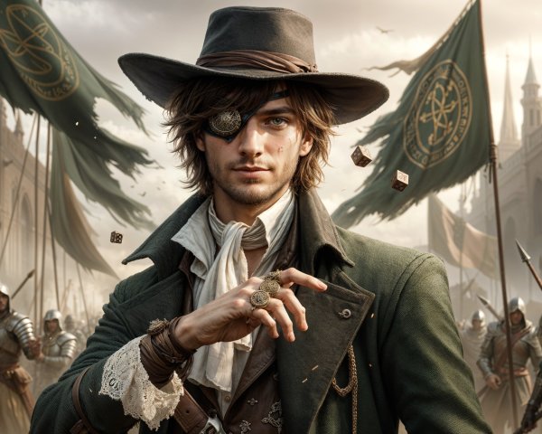 Young man in period attire with soldiers in background