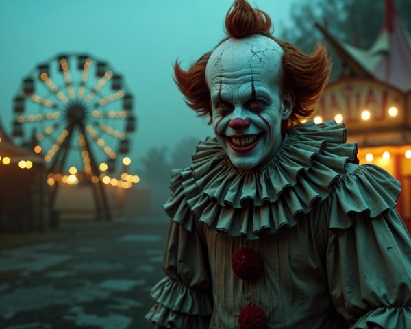 Sinister Clown in Foggy Carnival with Ferris Wheel