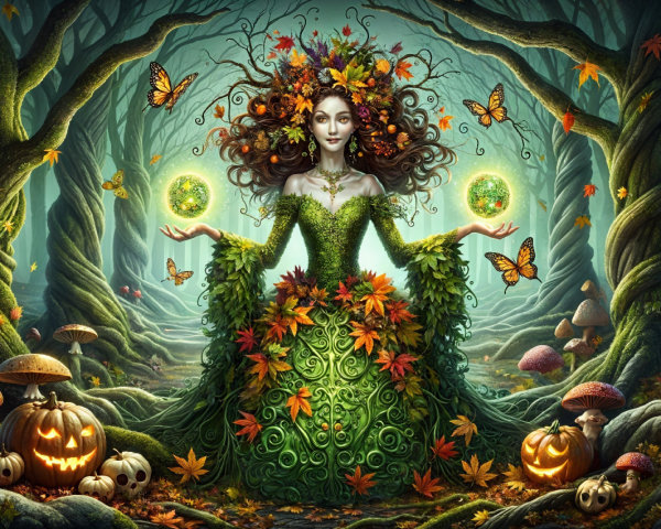Mystical figure in a lush forest with glowing orbs