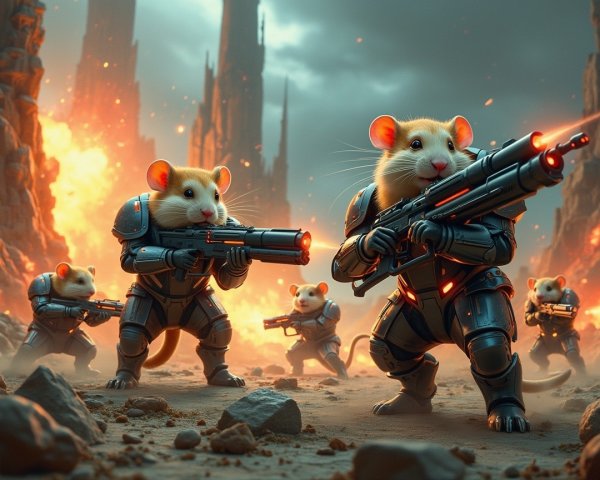 Armored Hamsters in Fiery Landscape Ready for Battle