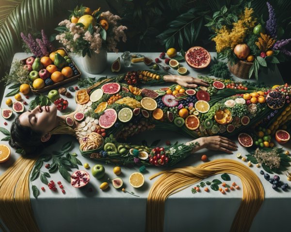 Serene Figure Surrounded by Vibrant Fruits and Vegetables