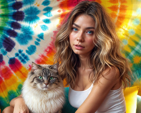 Young Woman with Cat Against Colorful Tie-Dye Background