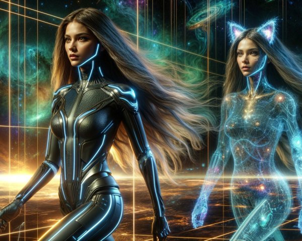 Futuristic Figures in a Cosmic Sci-Fi Landscape