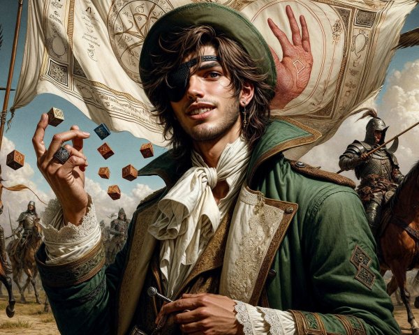 Young man in green coat with colorful dice in fantasy scene
