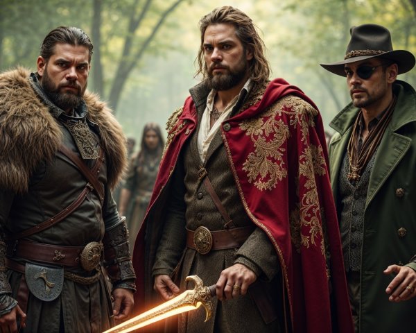 Three Warriors in a Misty Forest Setting