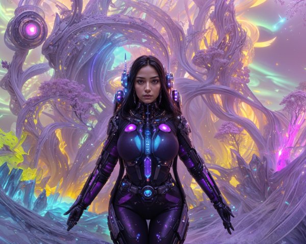 Futuristic female figure in high-tech armor with cosmic landscape