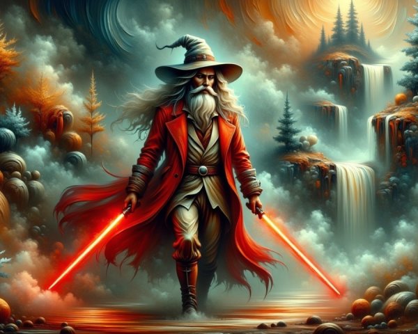 Mystical Landscape with a Wizard and Glowing Lightsabers