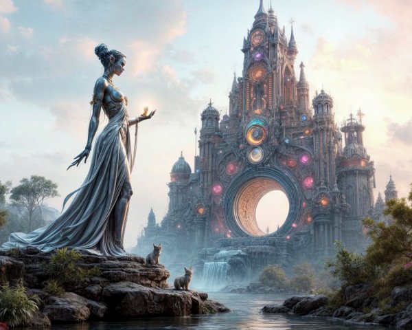 Majestic figure by tranquil water with castle backdrop