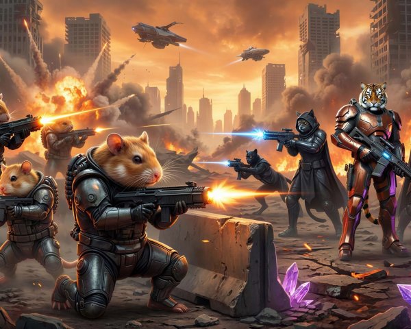 Battle Scene with Hamster Creatures in Futuristic Armor