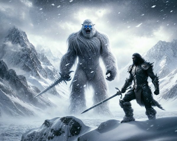 Yeti and Warrior Confrontation in Snowy Landscape