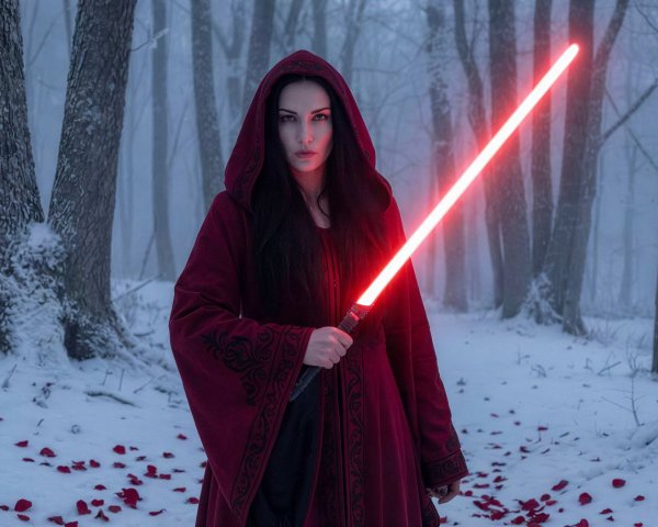 Female Sith Lord in Dark Red Coat in Snowy Forest