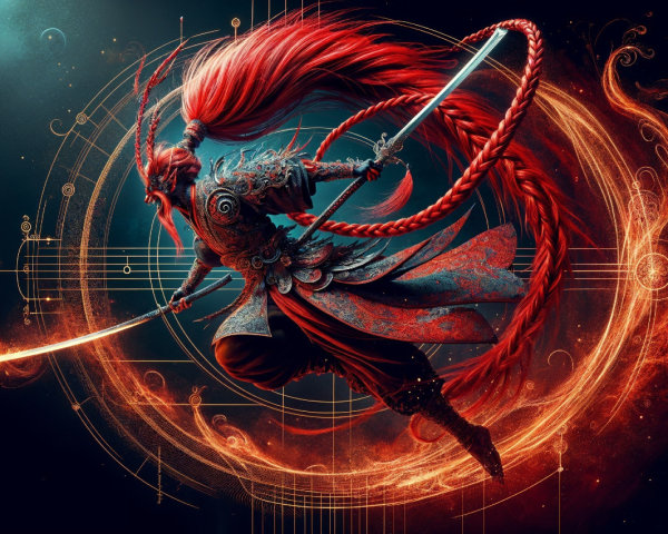 Dynamic warrior figure in ornate armor with sword