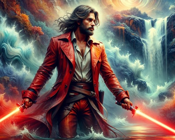 Heroic Figure in Vibrant Fantasy Landscape with Swords