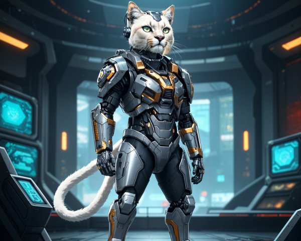 Futuristic Cat Character in High-Tech Environment