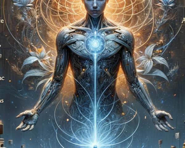 Futuristic humanoid figure with glowing design and nature