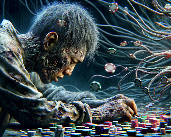 Futuristic Scene of a Weary Individual at a Table