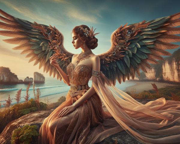 Majestic figure with feathered wings at sunset beach