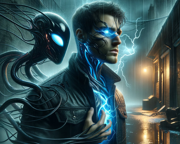 Futuristic Figure in Dark Alley with Glowing Eye