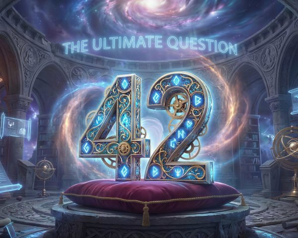 Fantasy Library with Floating Number 42 and Runic Symbols