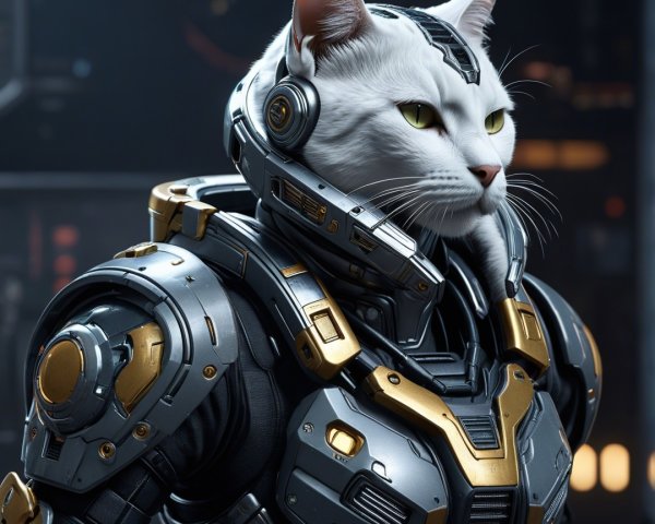 Futuristic Cat in High-Tech Metallic Suit Design