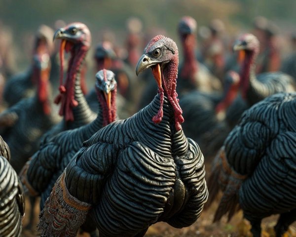 Turkeys in a sunlit field with intricate feather textures