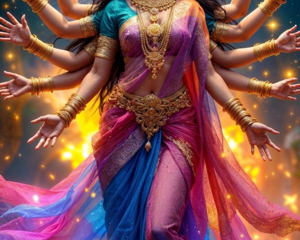 Divine figure in colorful fabrics with cosmic backdrop
